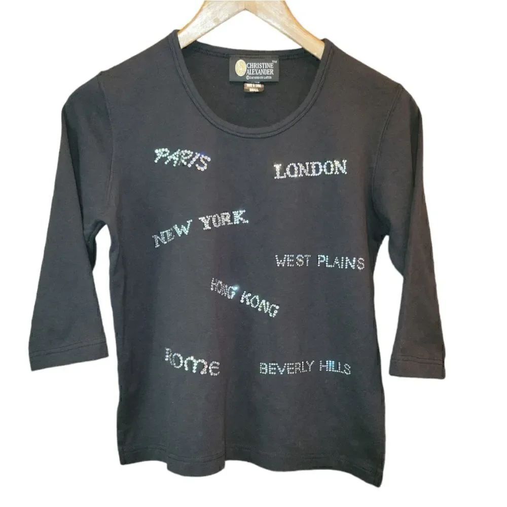 Christine Alexander World Traveler Black Bling Rhinestone 3/4 Sleeve Top S